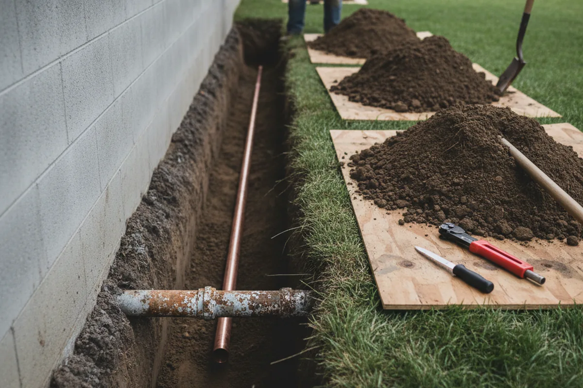 Excavated water line trench during Sewer Line Repair in La Plata